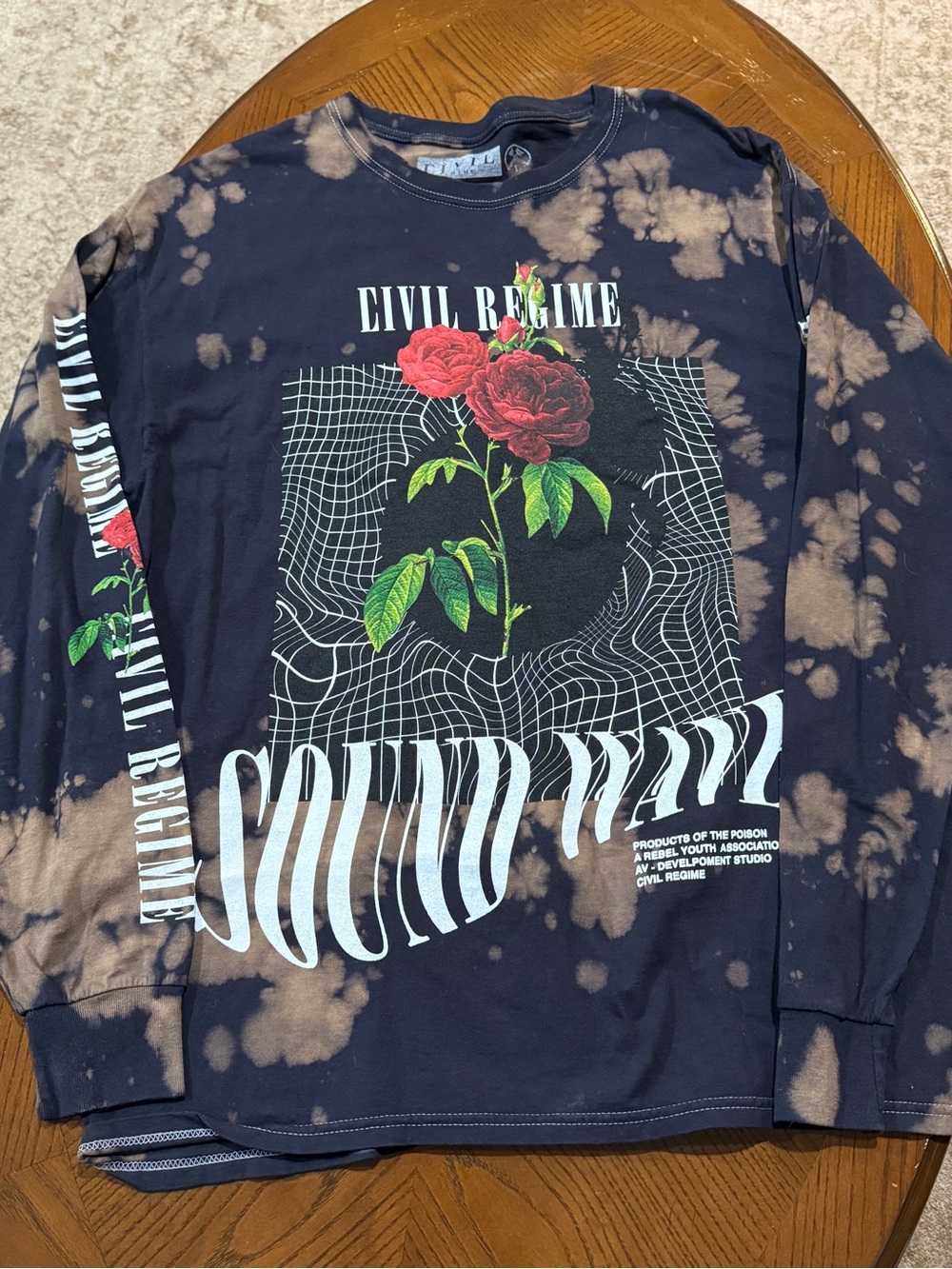 Men’s Black Tie-Dye Long Sleeve Graphic Shirt with Red Rose